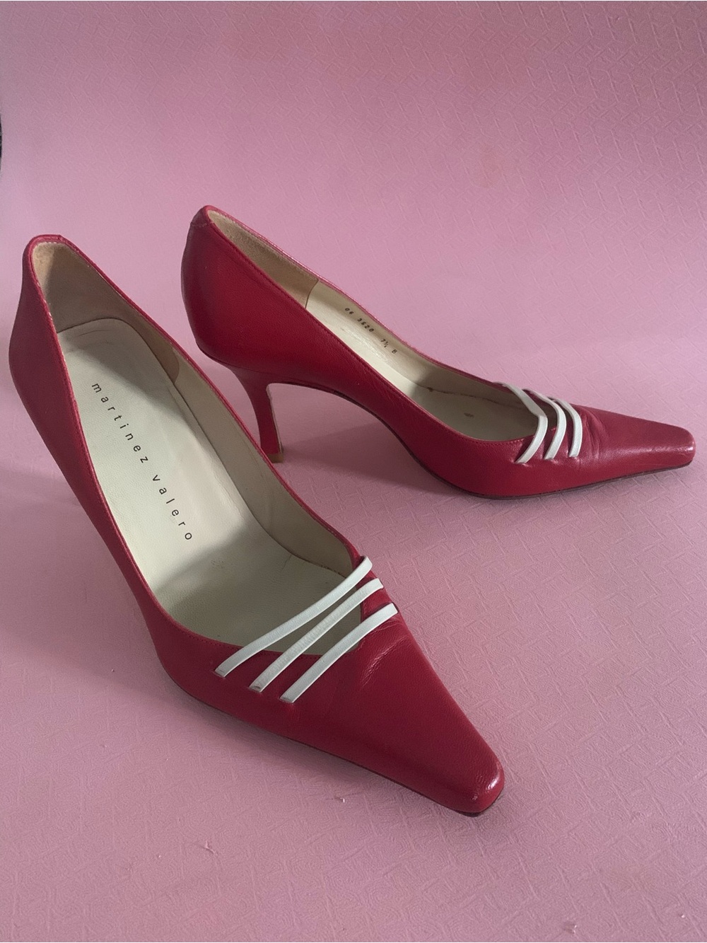 Martinez Valero Red Pointed Toe Pumps with White Strap Details